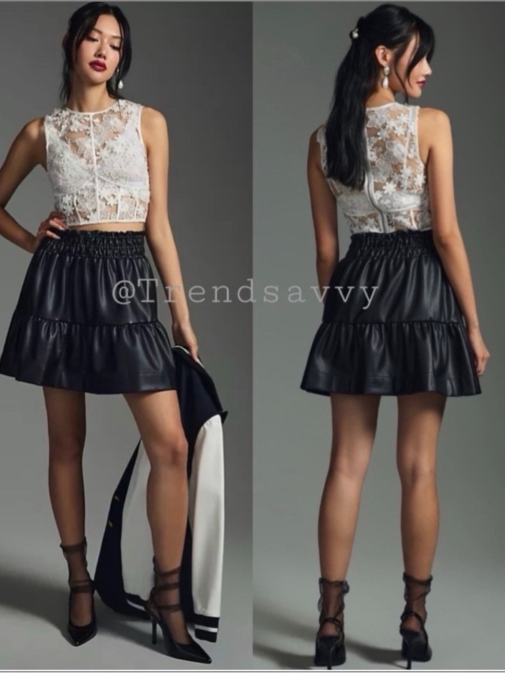 Anthropologie Somerset Black Faux Leather Mini Skirt M Smocked Tiered Aline Chic